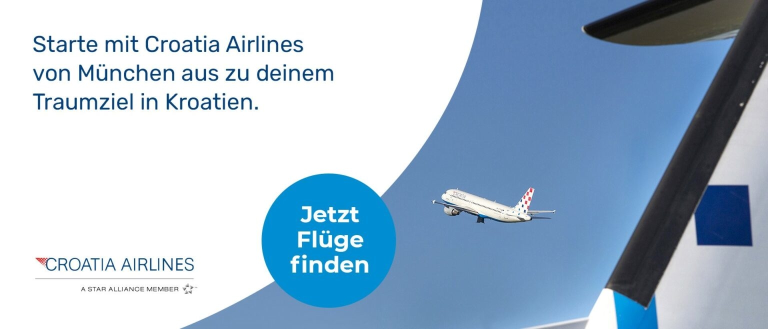 Banner der Fluglinie Croatia Airlines ruft zum Flüge finden auf.