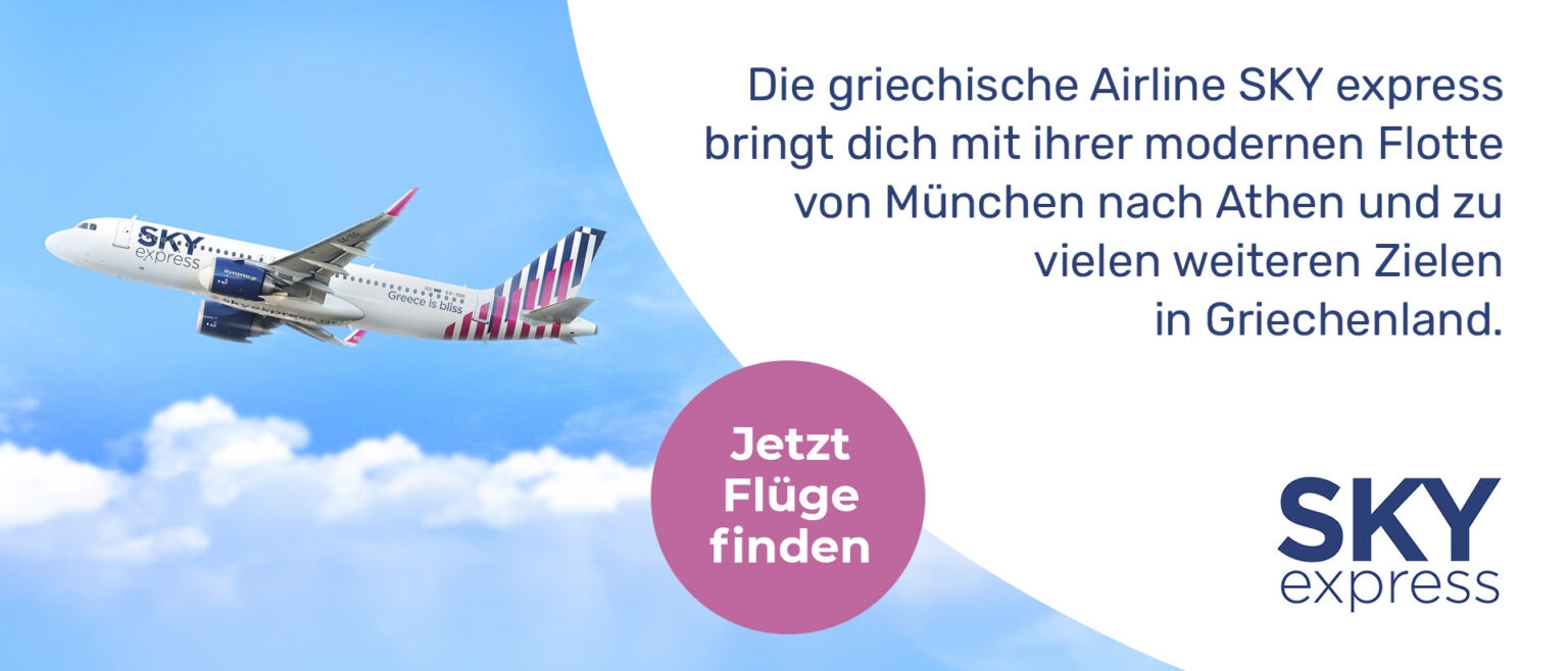 Banner der Fluglinie SKY express ruft zum Flüge finden auf.