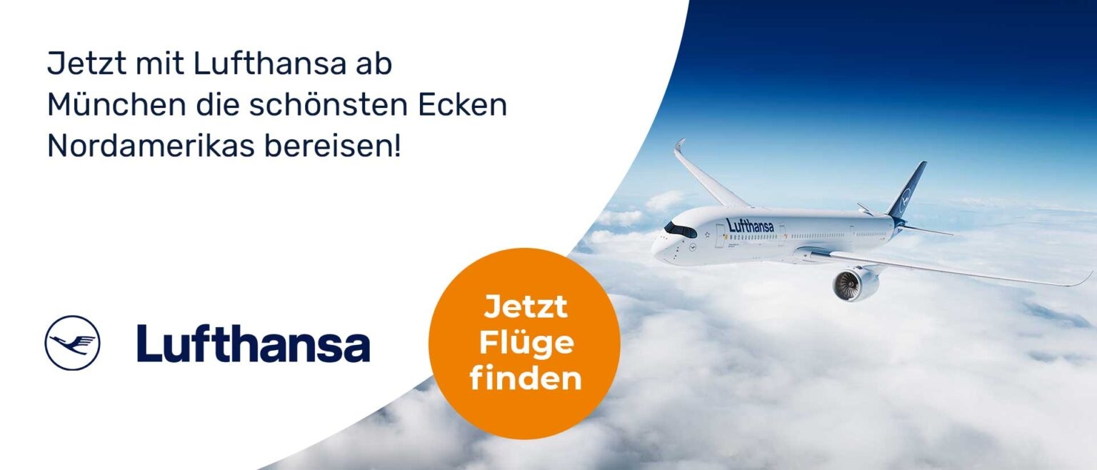 Banner der Fluglinie Lufthansa ruft zum Flüge finden auf.