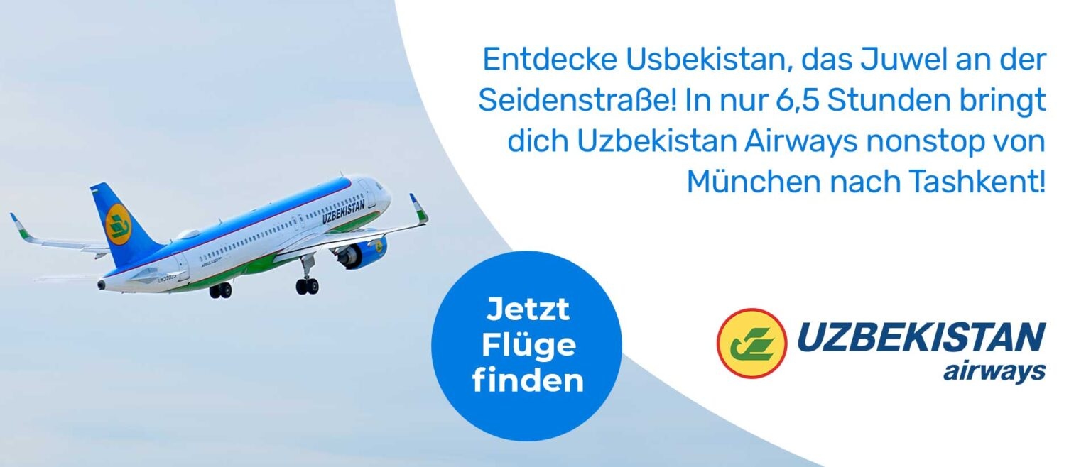 Banner der Fluglinie Uzbekistan Airways ruft zum Flüge finden auf.