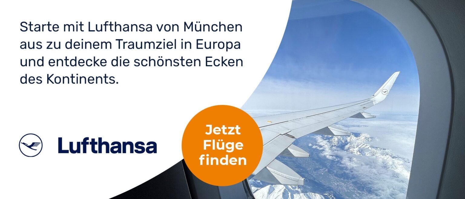 Banner der Fluggesellschaft Lufthansa ruft zum Flügefinden auf.