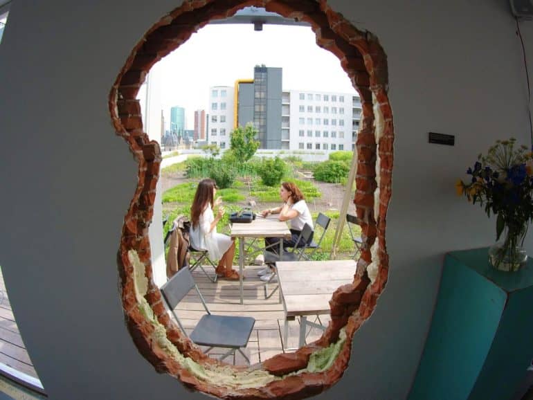 Durch ein Loch in der Wand können Gäste im Rotterdamer Dachterrassencafé Op het Dak von innen auf den Garten des Lokals schauen.