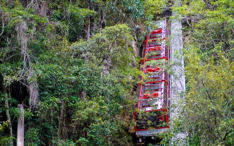 Die Standseilbahn des Scenic Railway bei den Blue Mountains führt extrem steil einen bewachsenen Berghügel hinab.