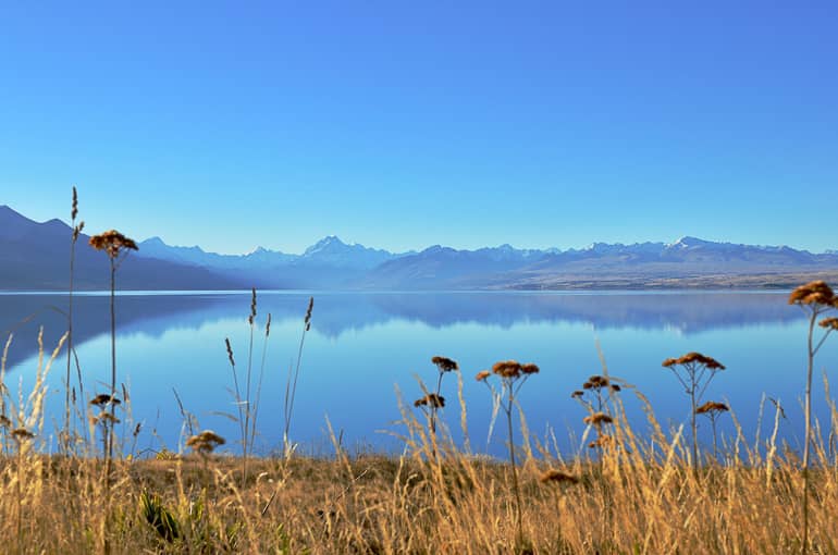 Rückfahrt vom Mount Cook: Bilderbuchlandschaften am Pukaku-See.