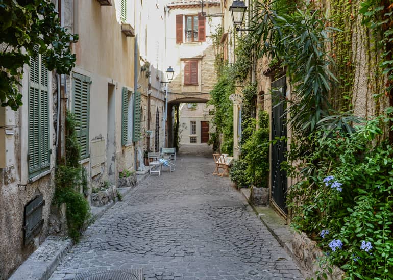Eine Gasse mit Häusern an den Pflanzen hinauf wachsen.