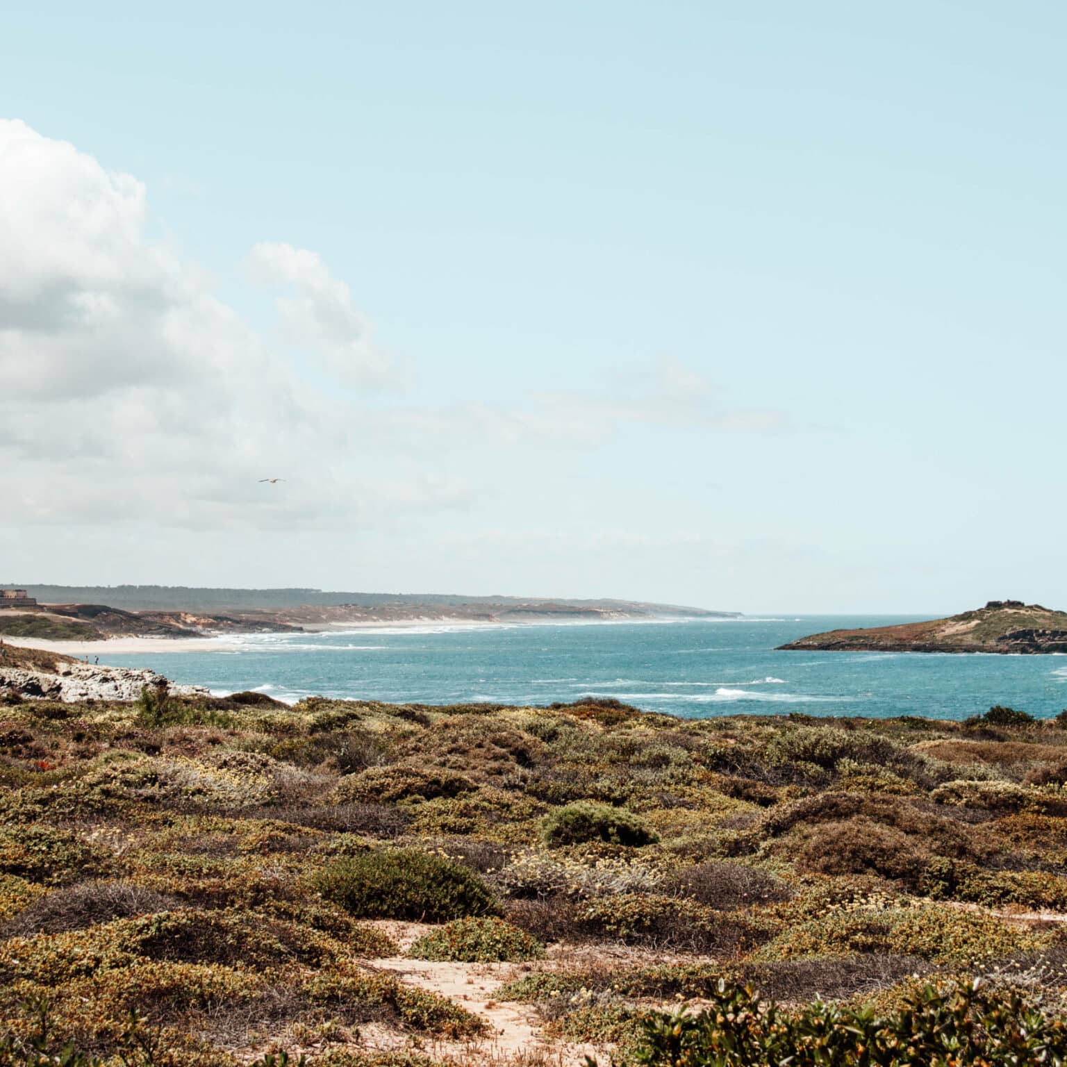 Wanderweg an der Küste Alentejos direkt neben einem wunderschönen Strand und Meer.
