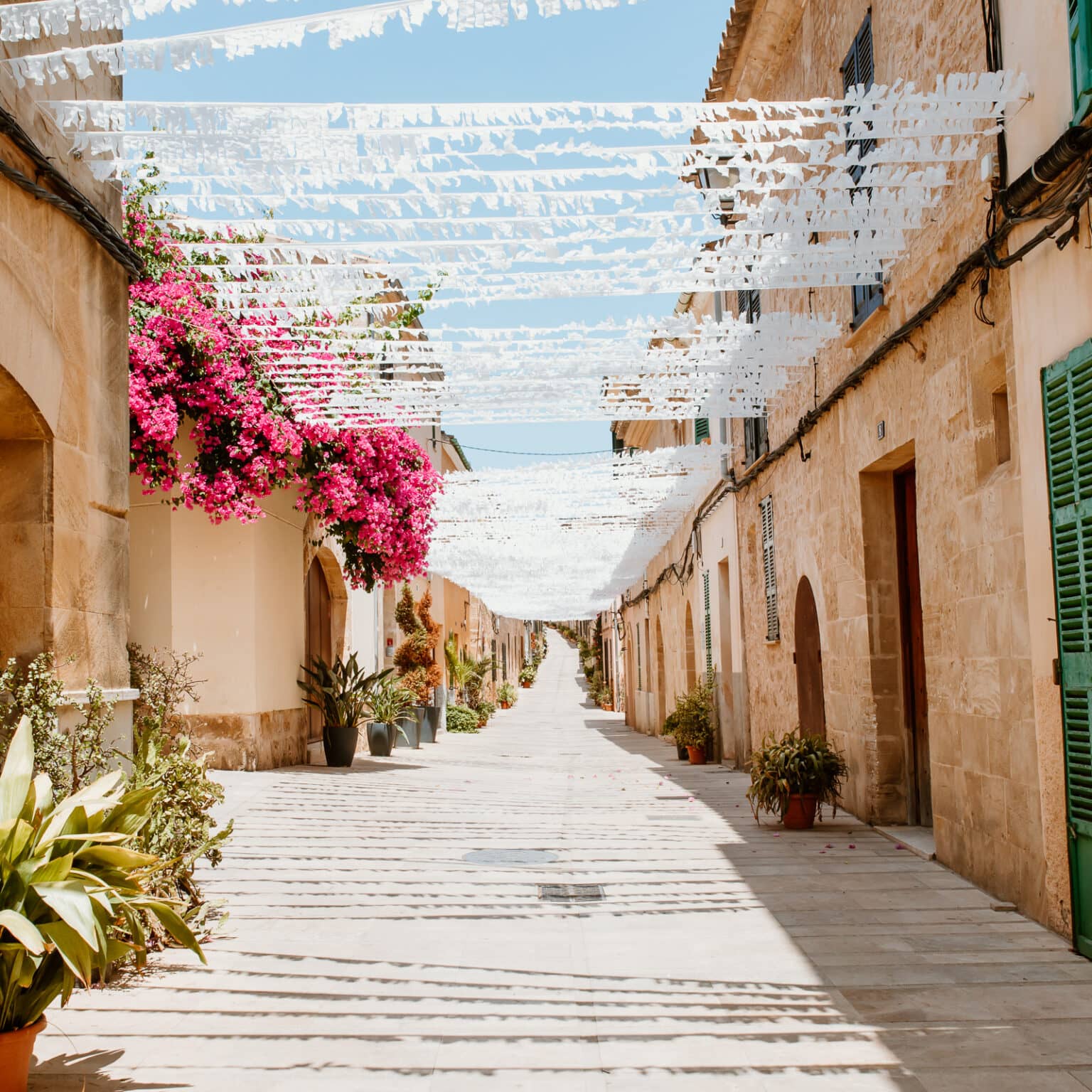 Eine kleine Gasse in einem mallorquinischen Dorf mit Blumen, Kakteen und Girlanden beschmückt.