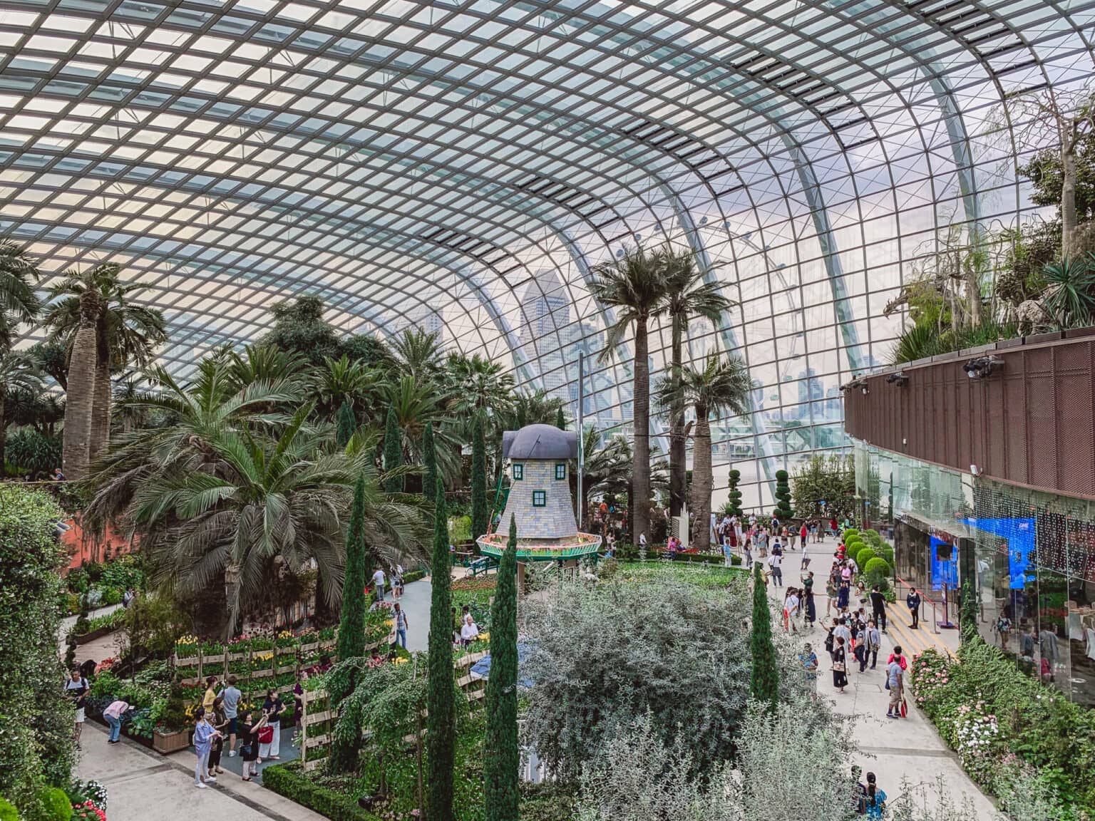 Verschiedene Pflanzen- und Palmenarten im Flower Garten in Singapur.
