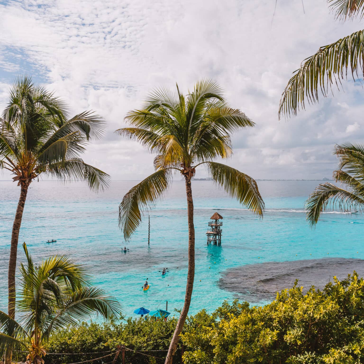 Die Lagune von Isla Mujeres mit türkisblauem Meer und von Palmen umgeben.