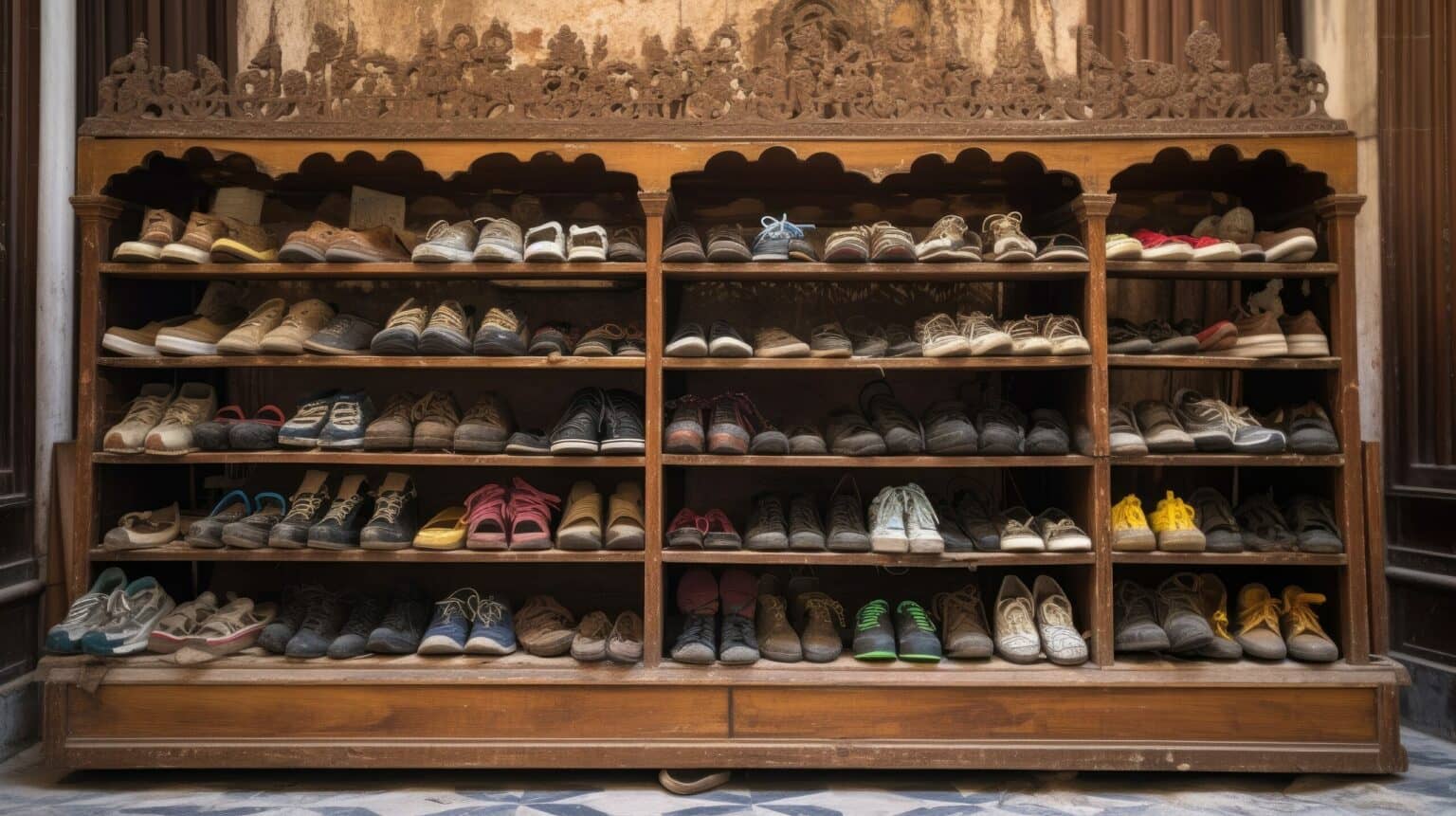 Fein säuberlich geordnet, werden die Schuhe vor der Moschee in ein Regal gestellt. 