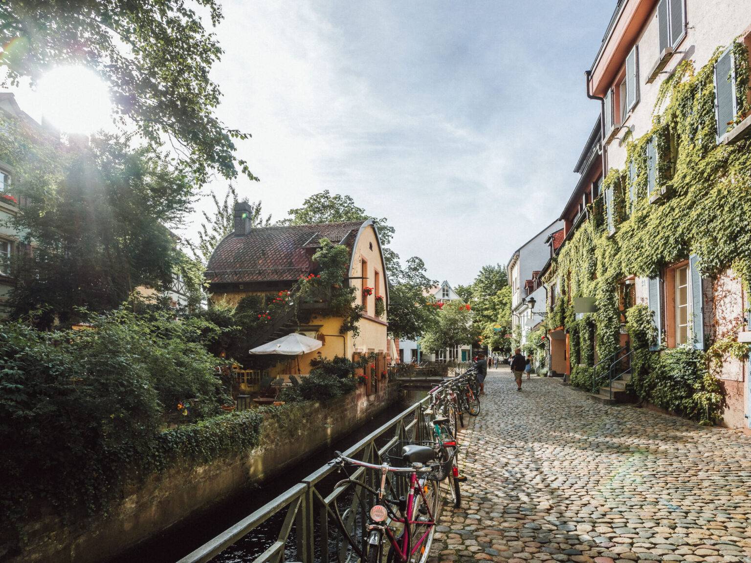 Ein Weg mit Kopfsteinpflaster in Freiburg führt entlang an einem Bach. Links und rechts stehen Wohnhäuser.