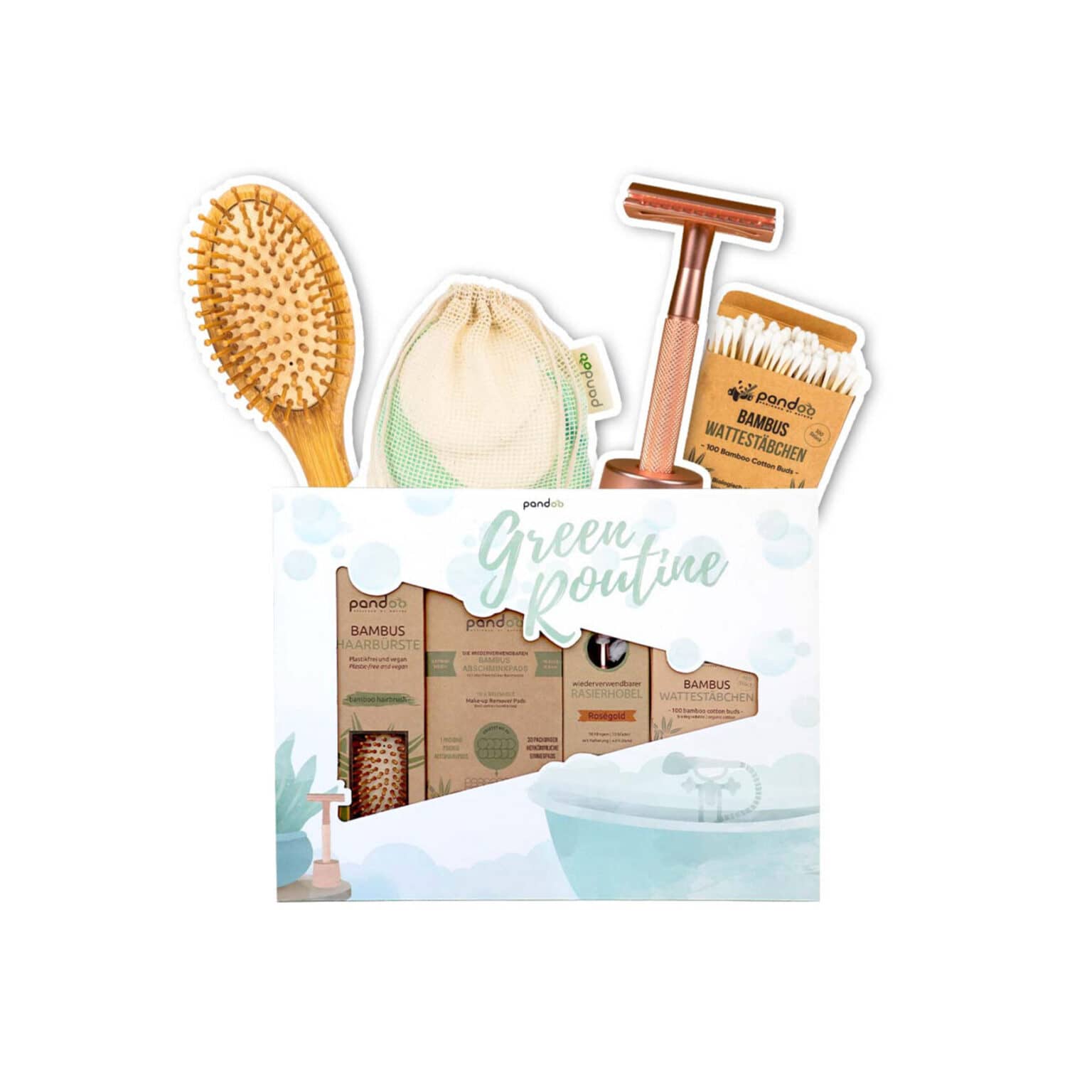 Das Green-Routine-Set von pandoo mit einer Bürste, Pads zum Abschminken, einem Rasierhobel und Wattestäbchen.