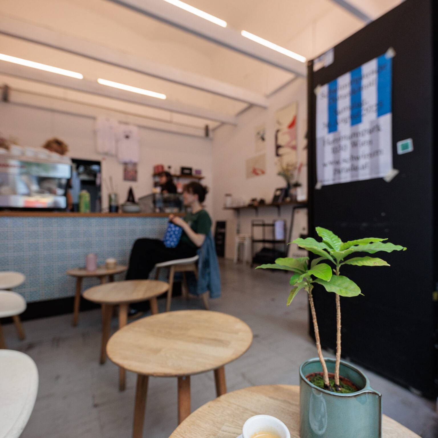 Kaffemik von innen mit Tischen, einer Pflanze in einem Topf und einer Tasse Kaffee im Vordergrund. Im Hintergrund sitzt eine Person an einem Tisch.