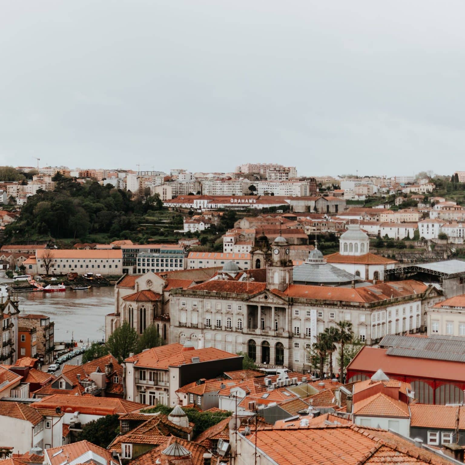 Die Skyline von Porto mit vielen roten Dächern und dem Douro im Hintergrund.