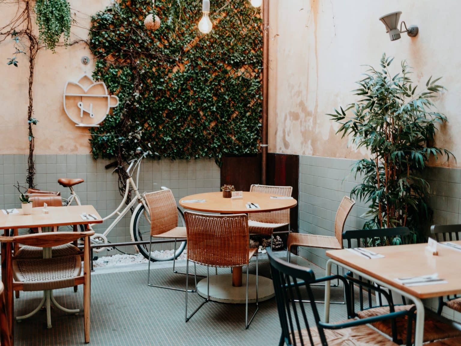 Der Sitzbereich des Noshi Cafés mit begrünter Wand und bunt zusammengemischten Sitzmöbeln.