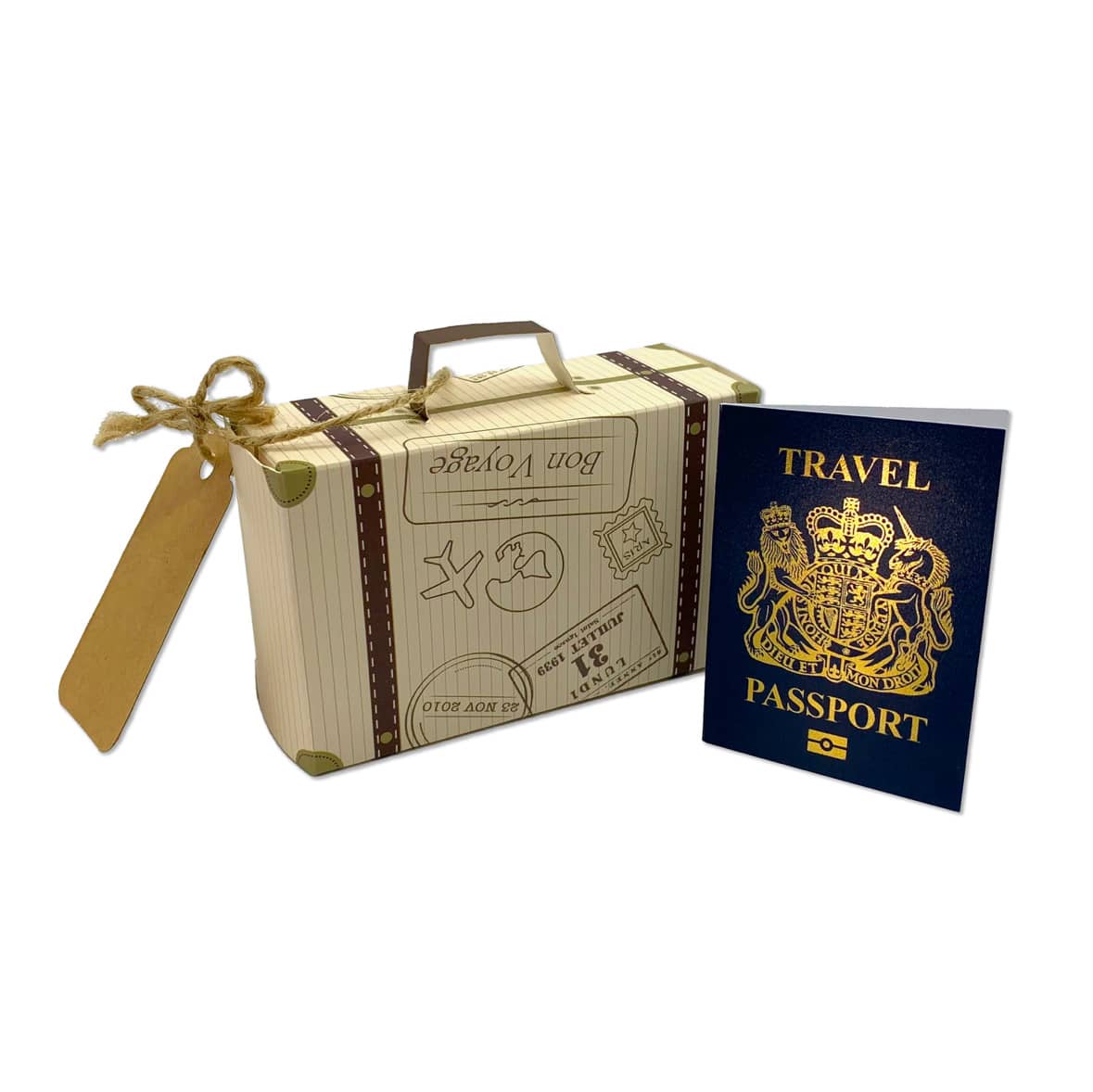 Eine Gutschein-Geschenkverpackung in Form eines Koffers und eines Reisepasses.