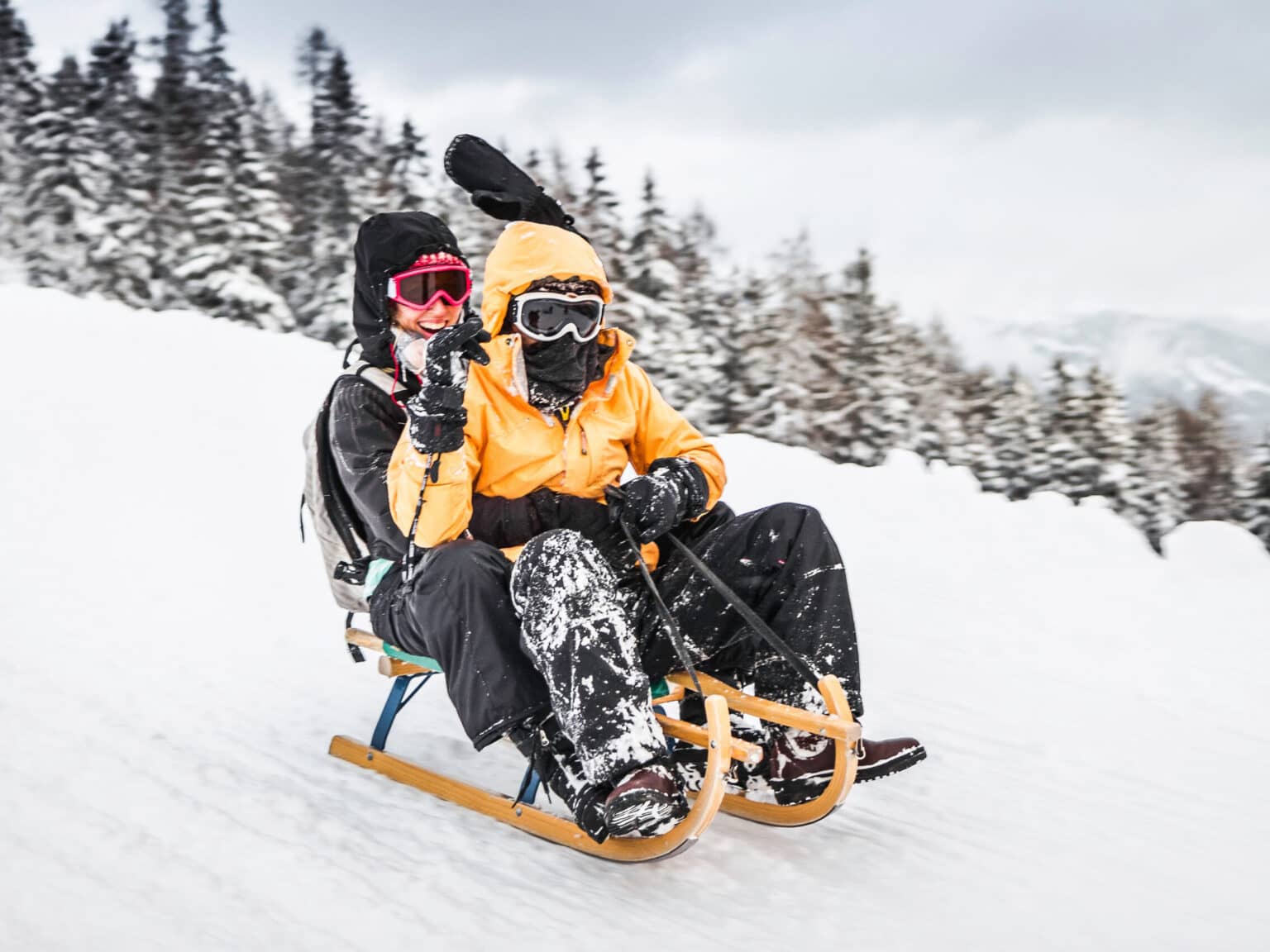 Zwei Rodler auf einem Holzschlitten genießen die rasante Abfahrt im Skigebiet Wildkogel.