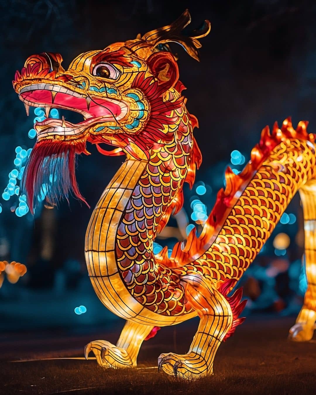 Eine leuchtend rot-orange chinesische Drachenfigur.