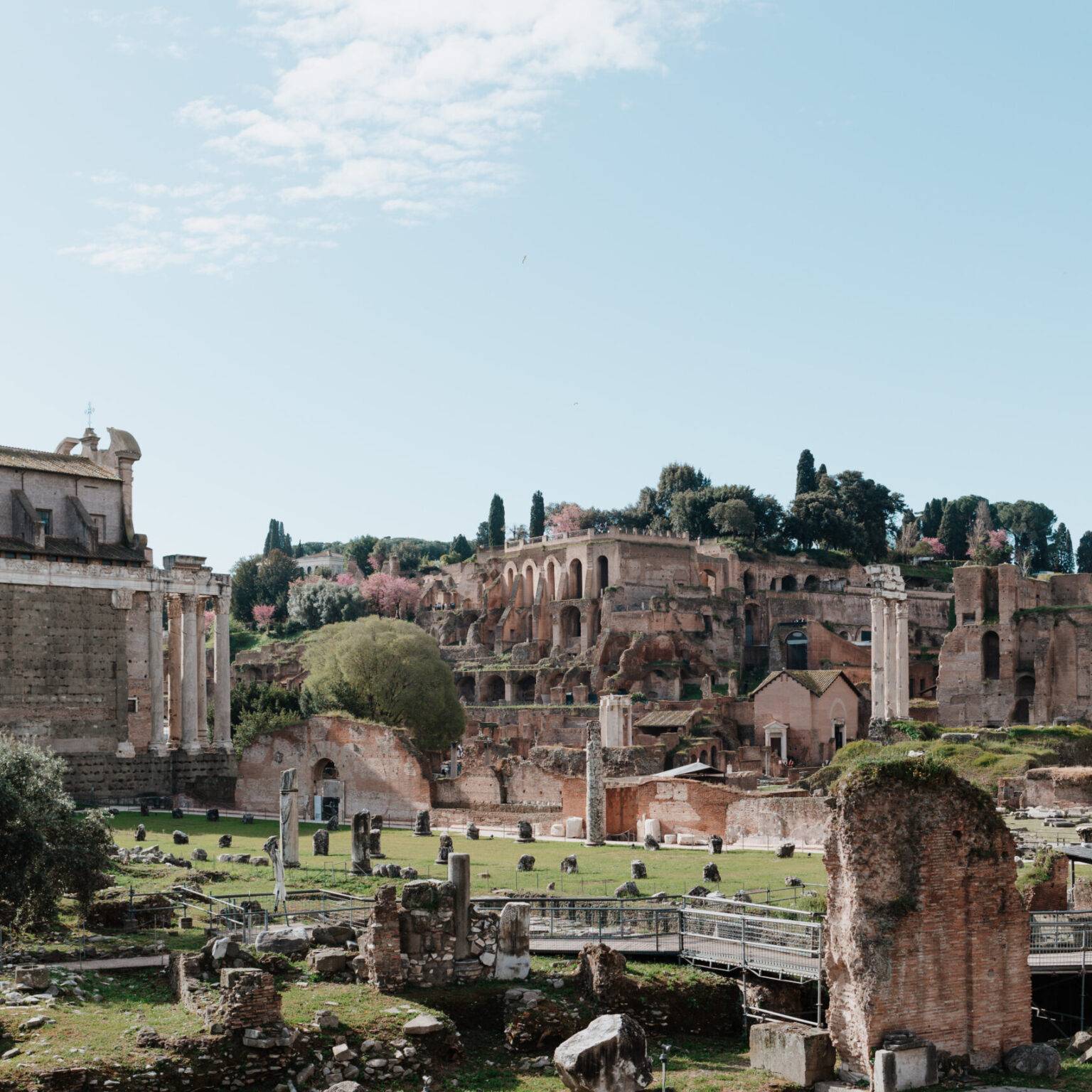 Blick auf das Forum Romanum in Rom mit antiken Ruinen, Säulen und grünen Hügeln im Hintergrund.