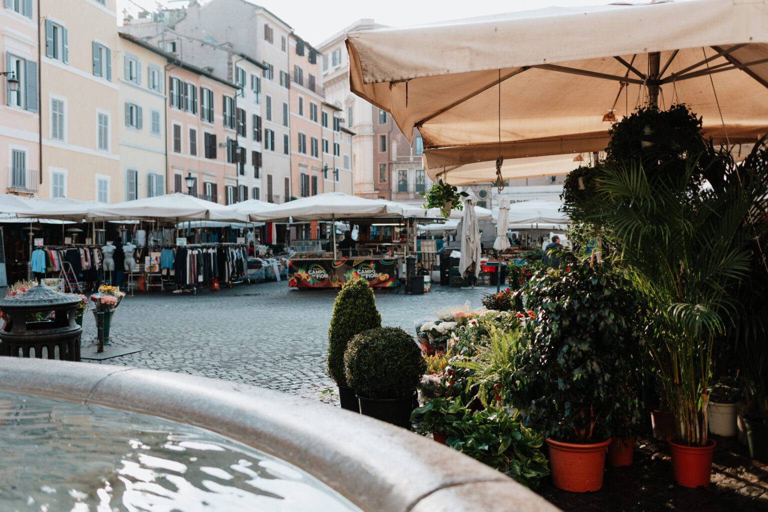 Bunter Wochenmarkt auf dem Campo de’ Fiori in Rom mit Blumen- und Gemüseständen.