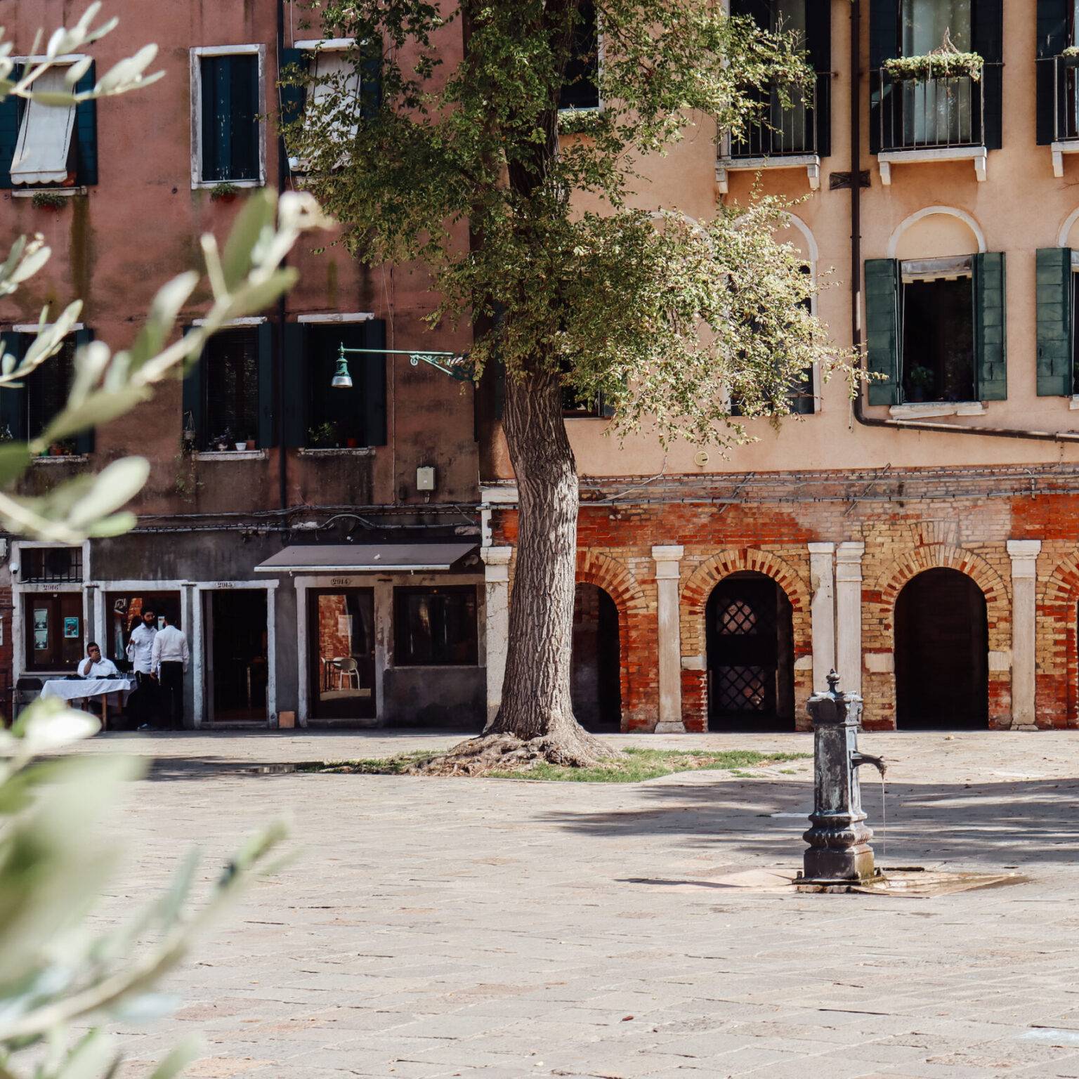Der Hautplatz im jüdischen Ghetto mit Olivenbäumen und umgeben von Gebäuden.