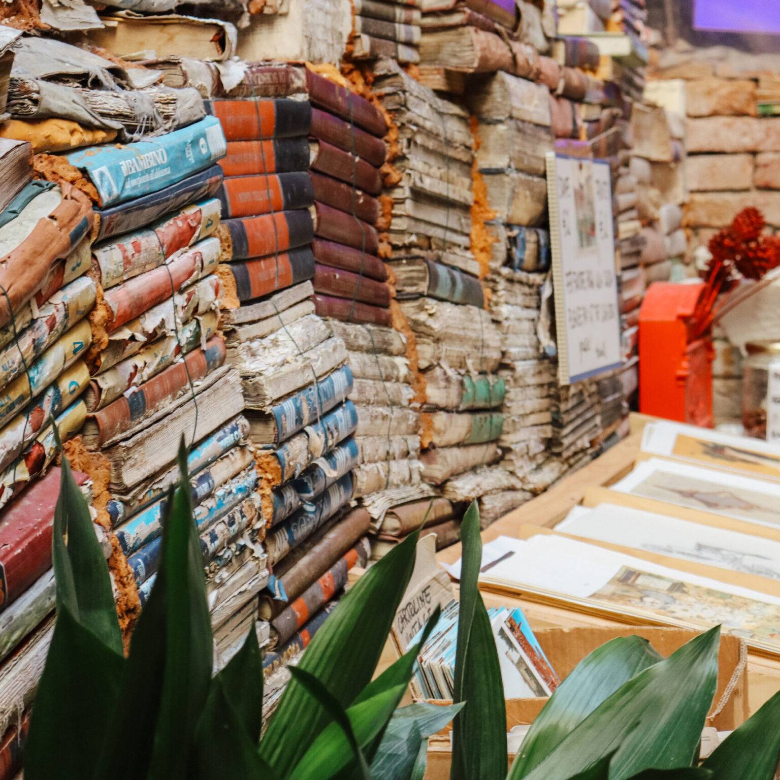 Unmengen von aufeinander gestapelte Büchern säumen einen Schreibtisch.