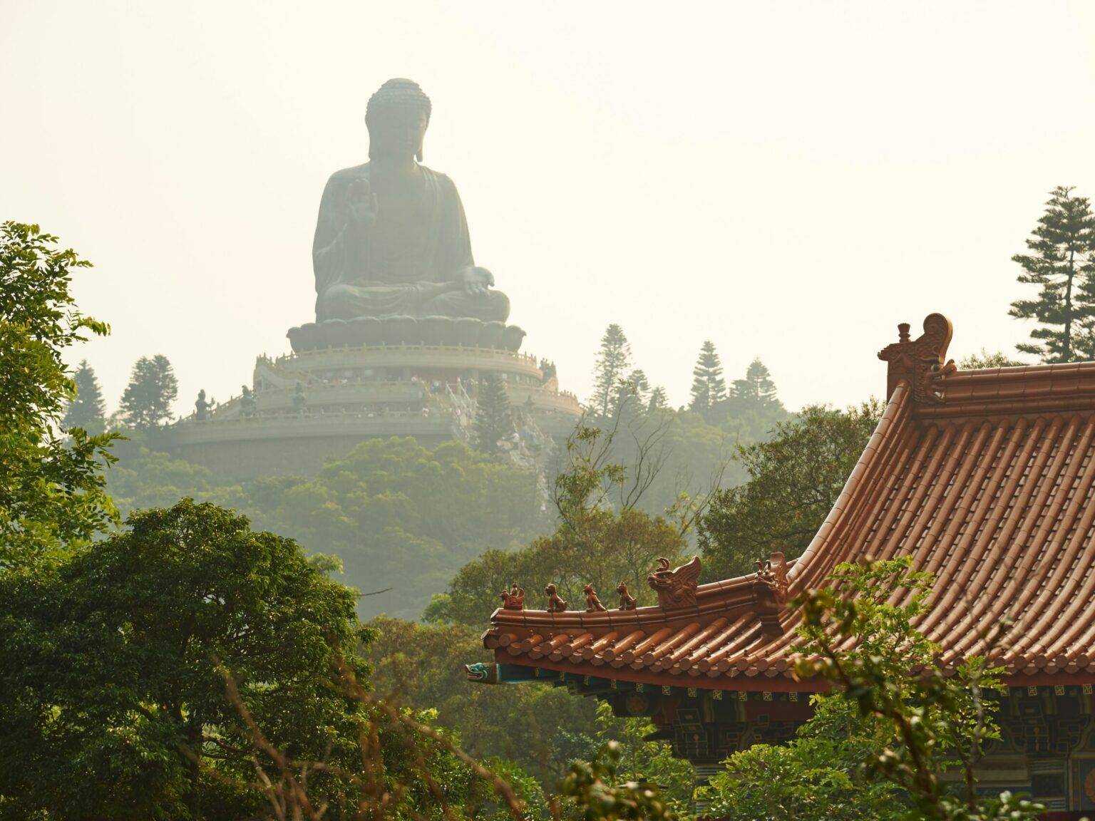 Der Tian Tan Buddah auf der Insel Lantau umgeben von grünen Bäumen und ein typisch asiatisches Hausdach im Vordergrund.