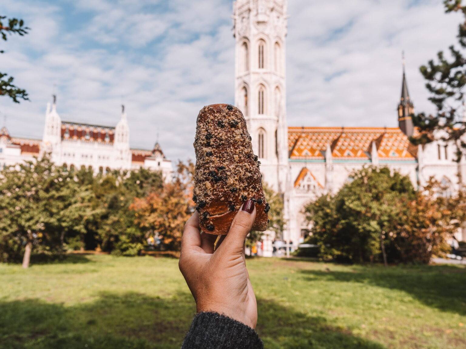 Baumstriezel vor dem Panorama der Matthiaskirche in Budapest