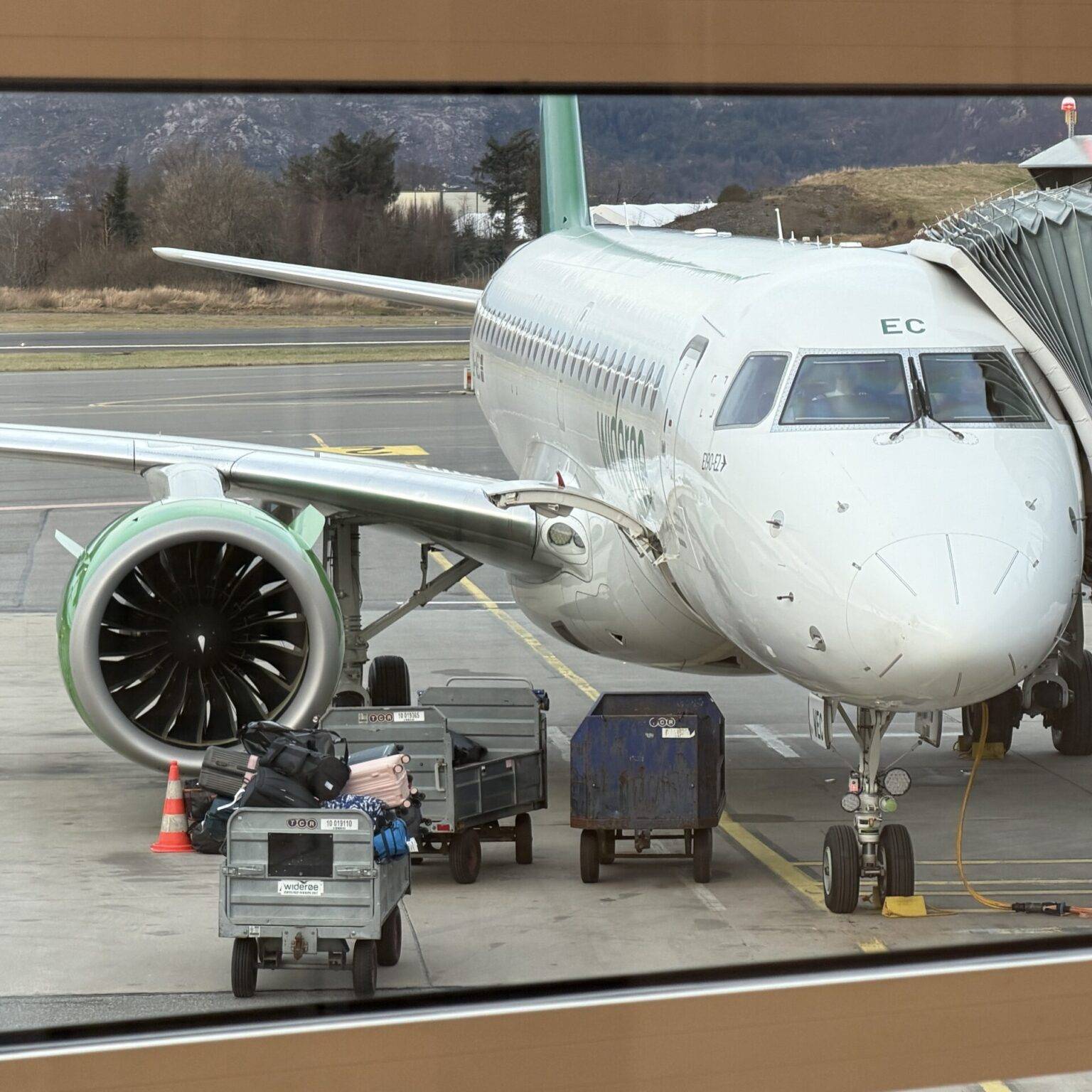 Ein Flugzeug steht an einem Gate, während Gepäckwagen in der Nähe positioniert sind.