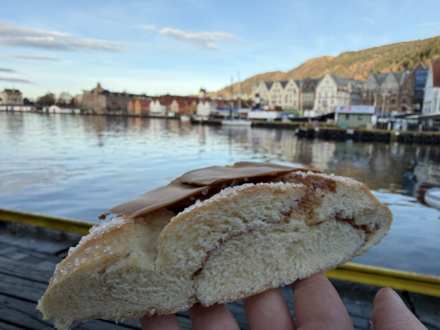 Ein aufgeschnittener Zimtbollen in der Hand, im Hintergrund ein malerisches Viertel am Wasser.