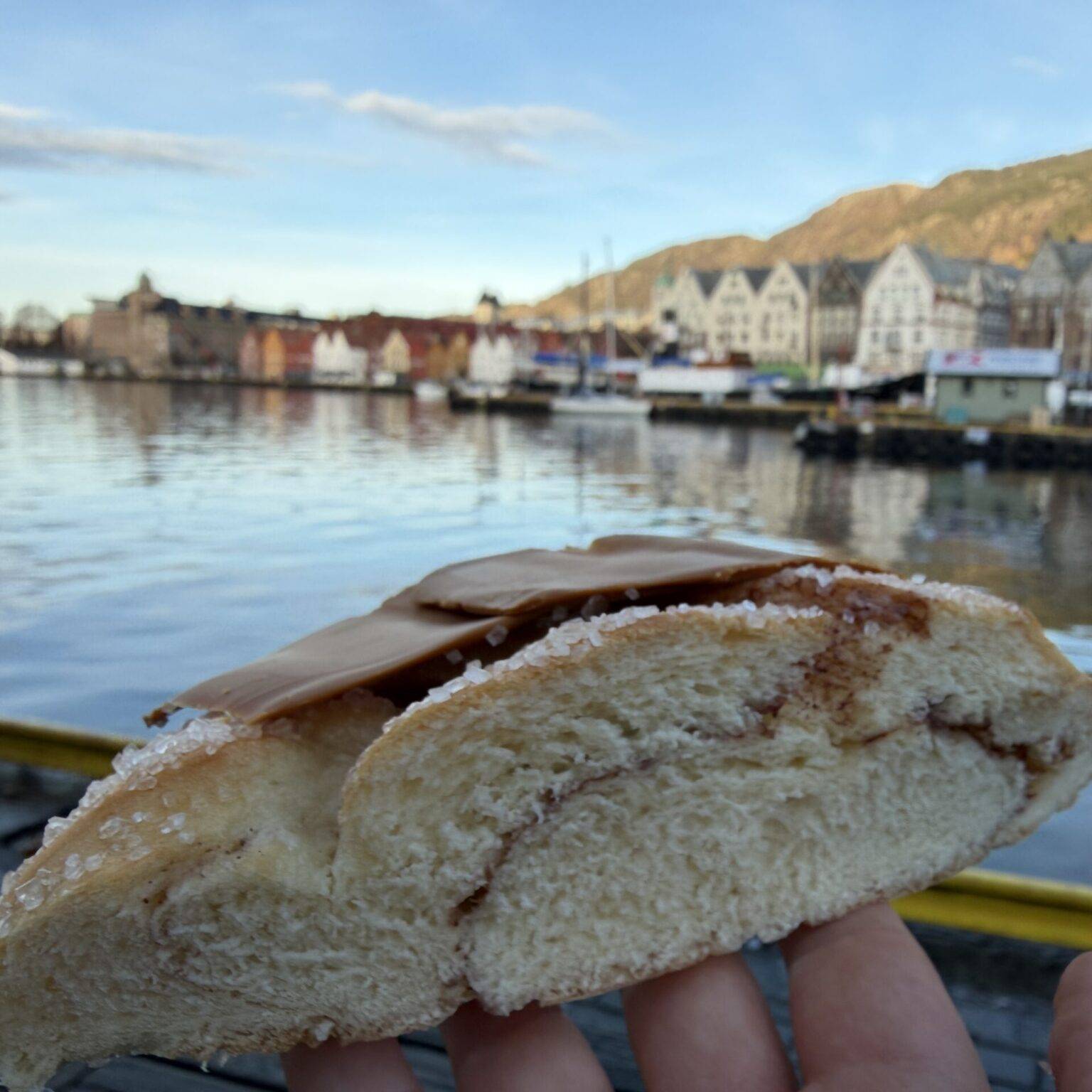 Ein aufgeschnittener Zimtbollen in der Hand, im Hintergrund ein malerisches Viertel am Wasser.