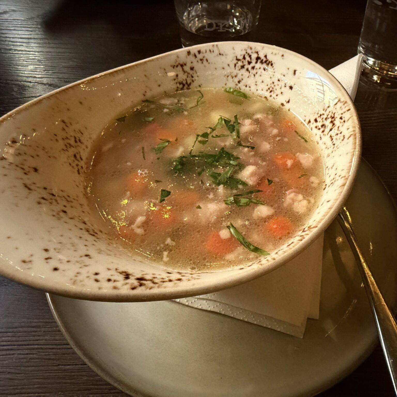 Eine Schüssel mit klarer Suppe, garniert mit frischen Kräutern und kleinen Gemüsestücken, auf einem Teller.