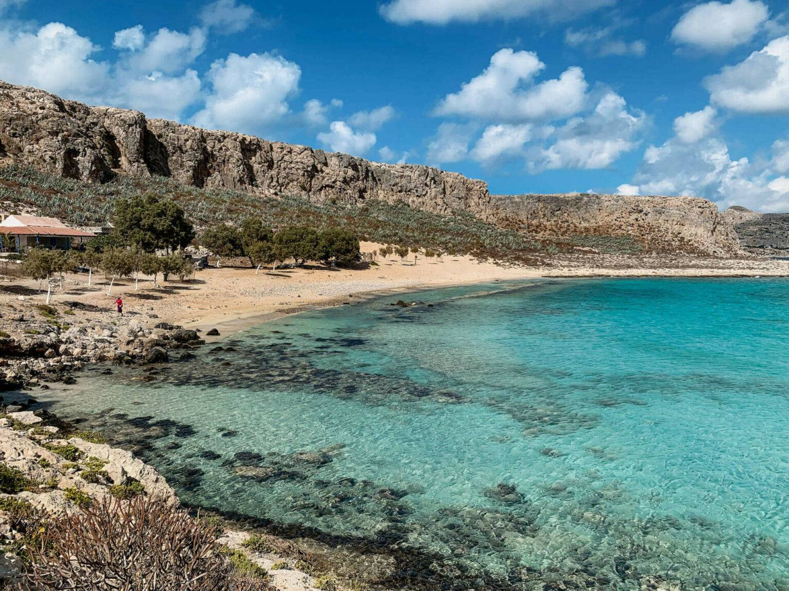 Der Blick auf die Bucht der Pirateninsel Gramvousa, türkisblaues Wasser und Felsen.