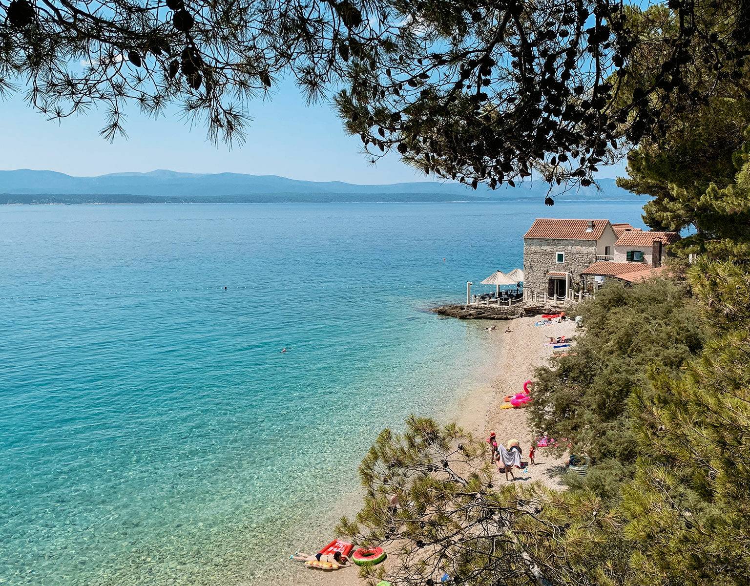 Durch ein paar Baumzweige hindurch fällt der Blick auf eine Bucht mit Kiesstrand und glasklarem, türkisfarbenem Wasser in Kroatien.