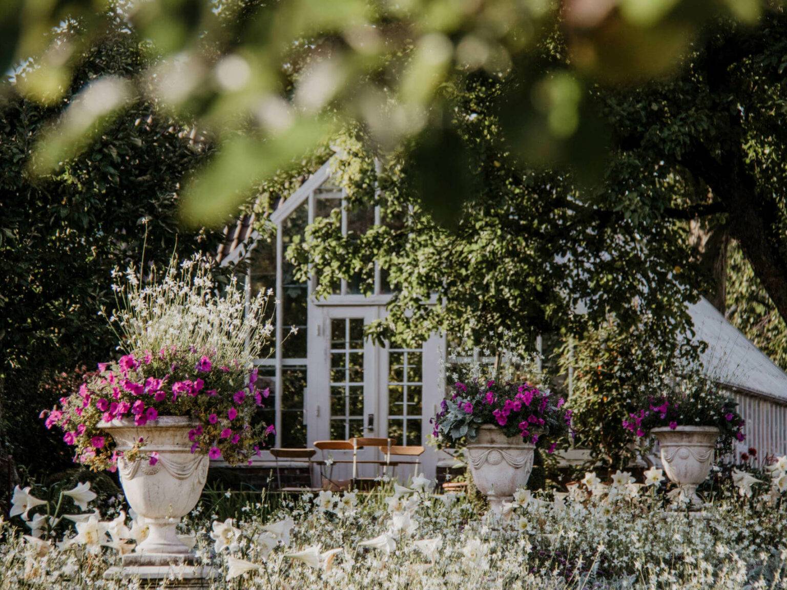 Ein weißes, elegantes Gartenhaus liegt versteckt hinter grünen Bäumen in einem Schlossgarten, davor stehen große Kübel mit rosaroten Blumen.