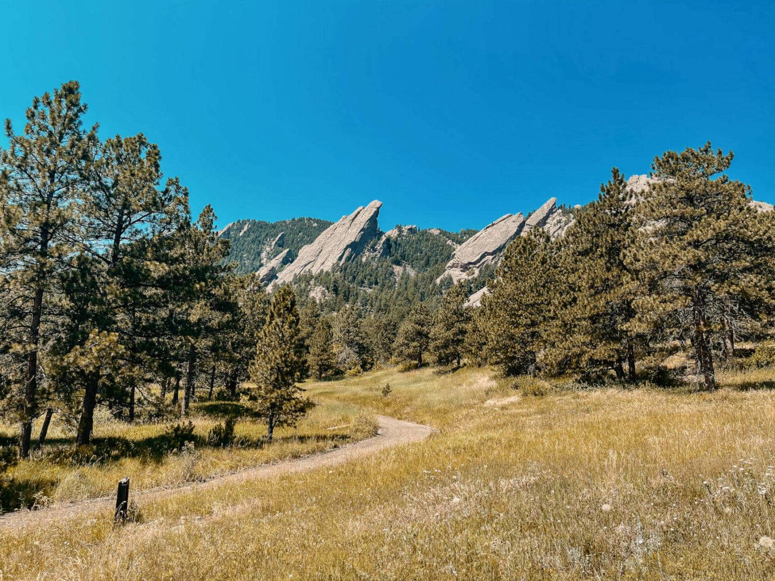 Beim Wandern sind die Boulder Flatirons schon von Weitem zu sehen.