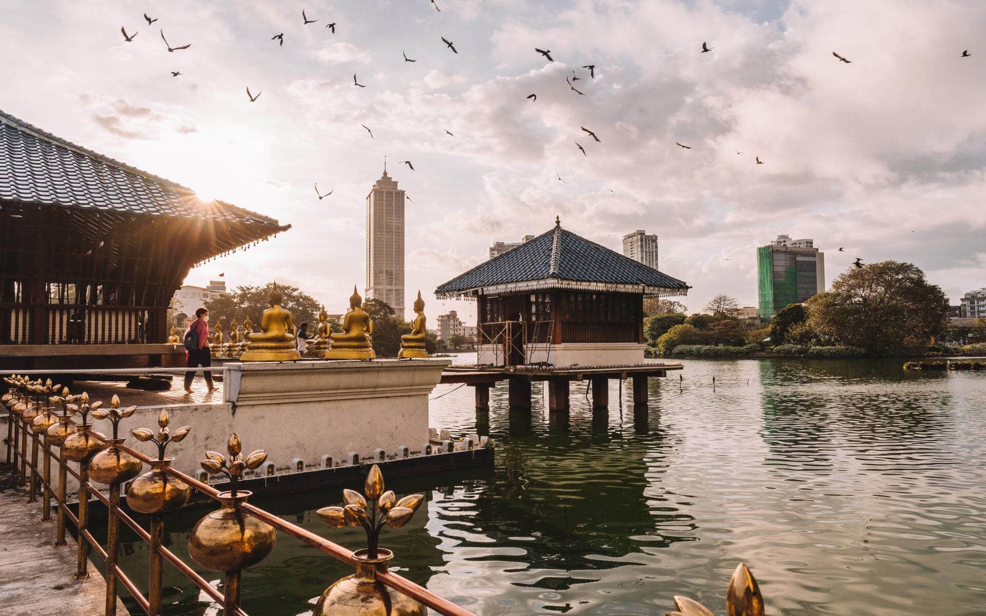 Der Gangaramaya Tempel in Colombo auf Sri Lanka ist eine wunderschöne Sehenswürdigkeit, die Blick über das Wasser bis hin zu den Hochhäusern bietet.