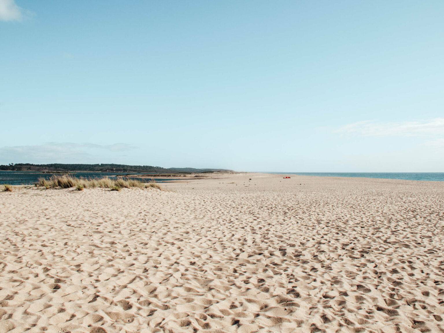 Traumhafter Sandstrand mit grüner Wiese und Meer an der Alentejo Küste