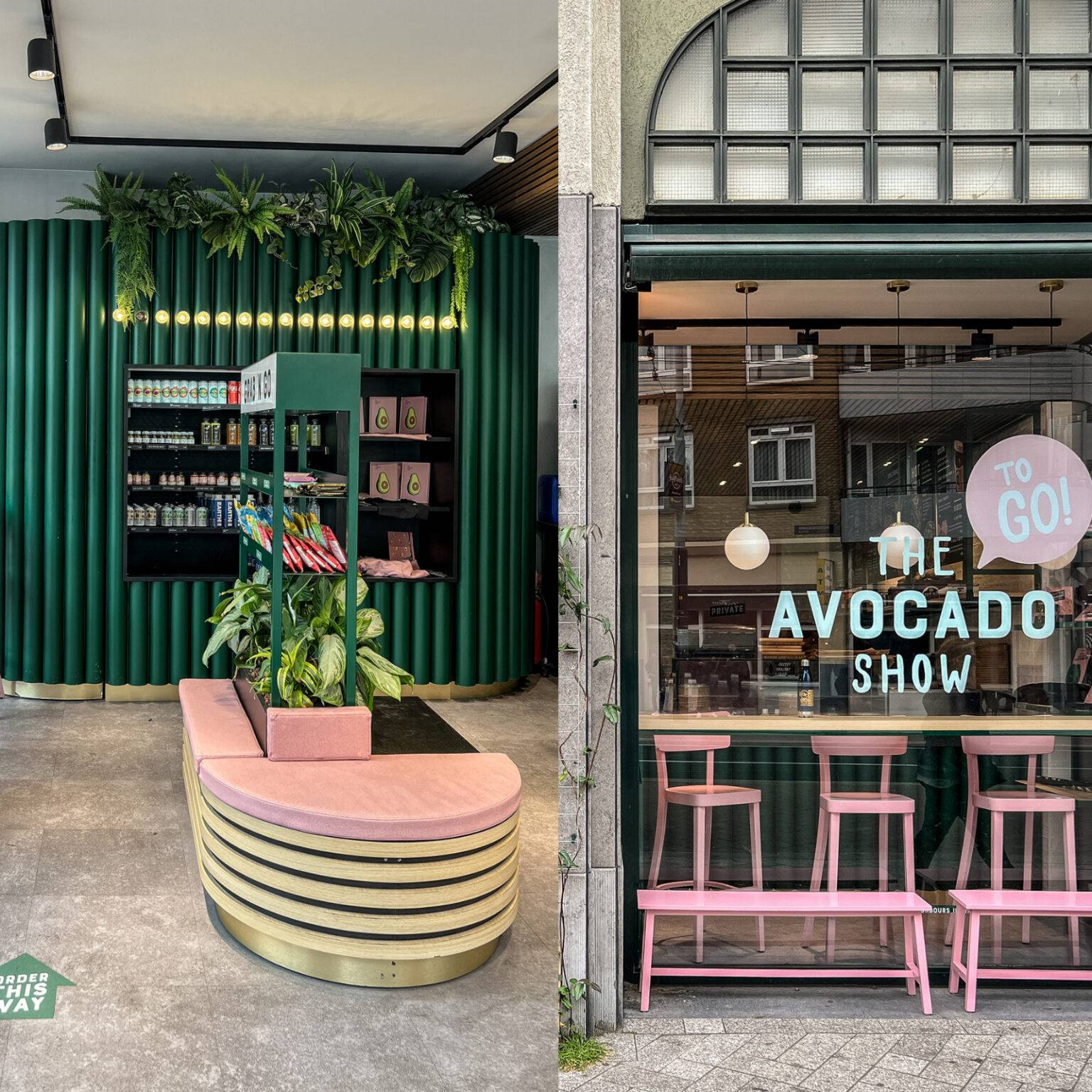 Die Farben grün, rosa und gold geben einen verführerischen Einblick in dieses gesunde Restaurant in Amsterdam.