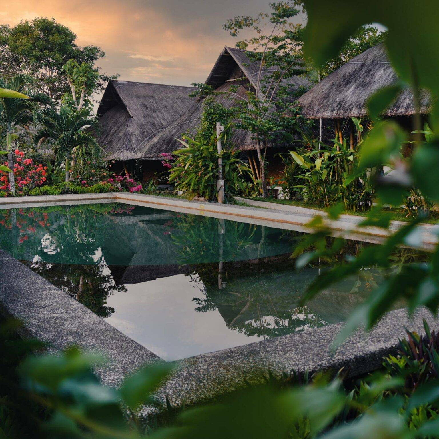 Der Pool des Three Little Birds Resort auf Bohol liegt idyllisch im grünen auf der philippinischen Insel.
