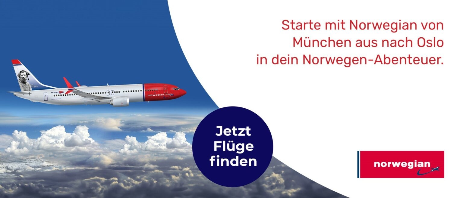 Banner der Fluglinie Norwegian ruft zum Flüge finden auf.