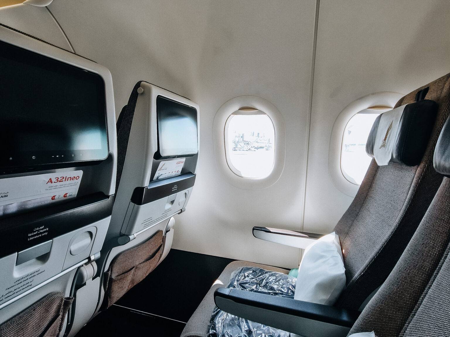 Zwei nebeneinanderliegende Ecco-Sitze in einem Flugzeug mit Kopfstützen und Fensterausblick.