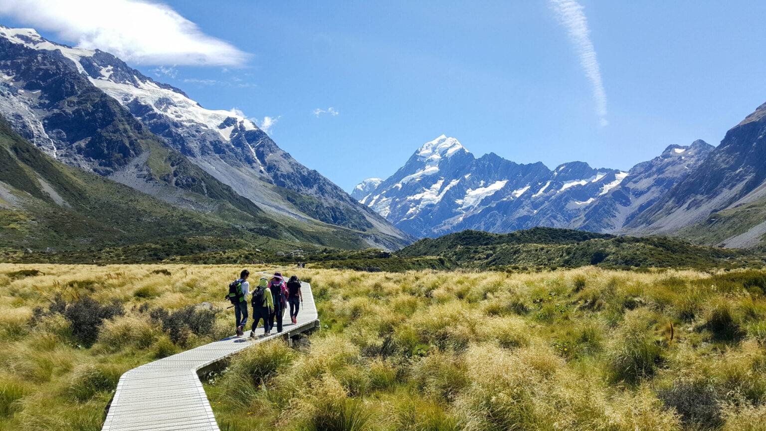 Ein Holzpfad führt Wanderer durch hohe Gräser und Berge im neuseeländischen Hooker Valley.