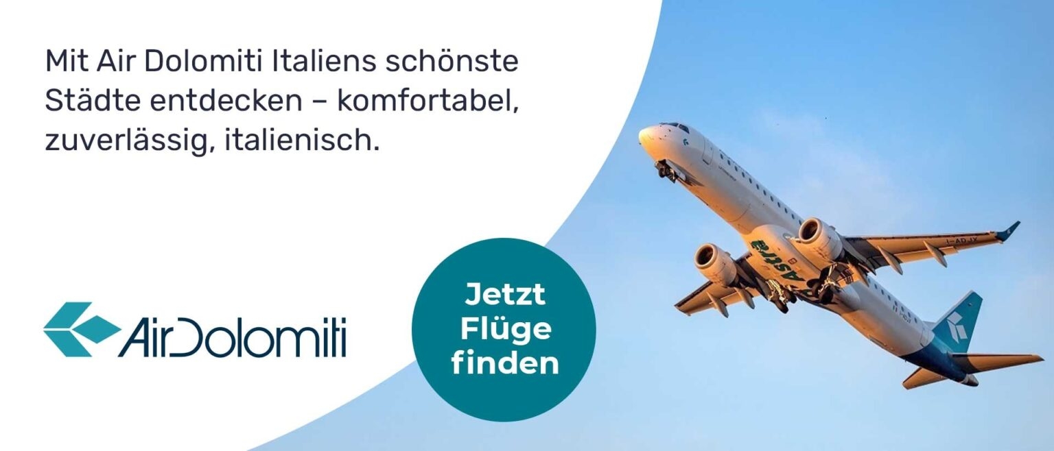 Banner der Fluglinie Air Dolomiti ruft zum Flüge finden auf.