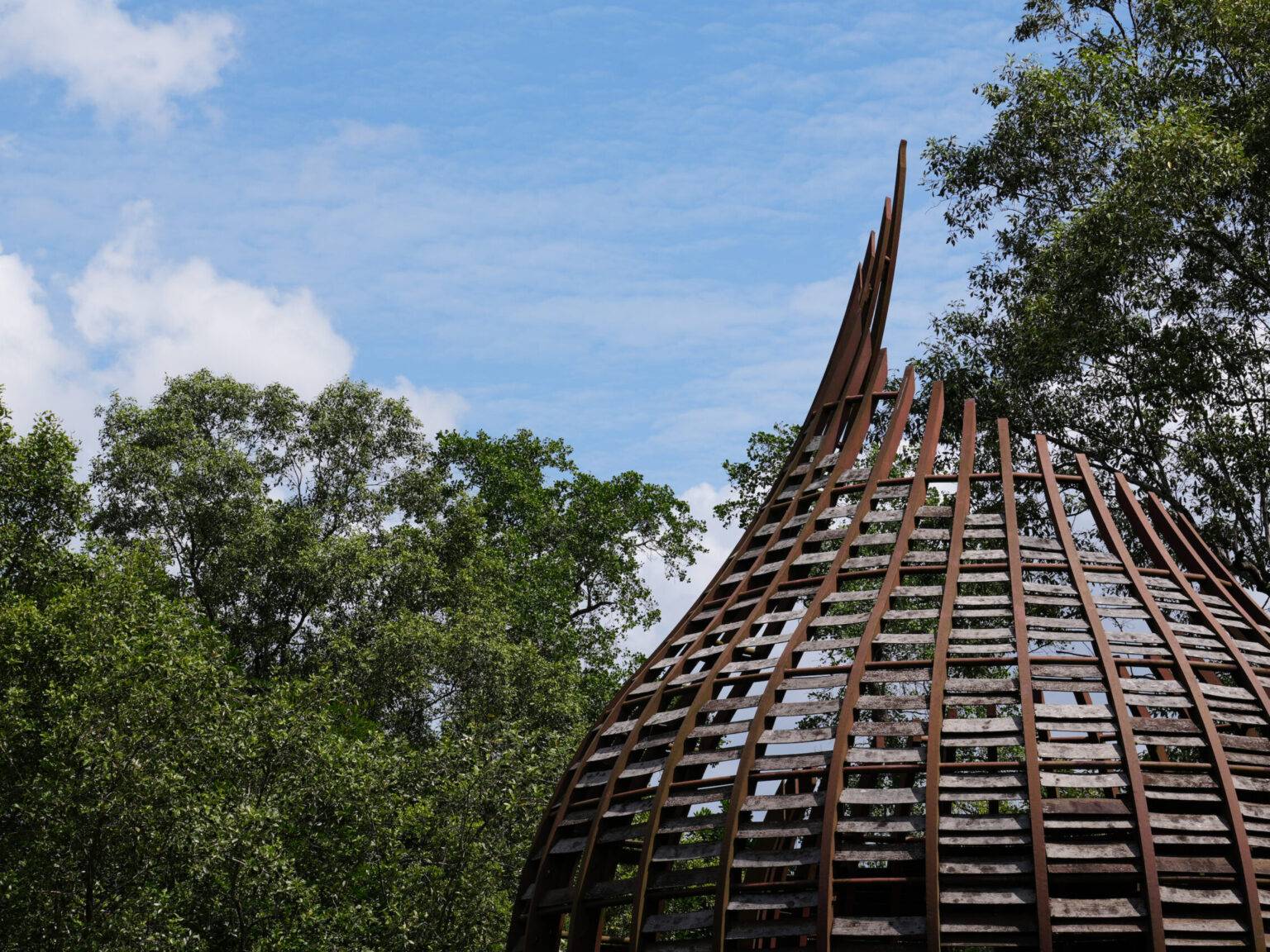 Moderne Aussichtsplattform aus Holz im Wetland Reserve in Singapur