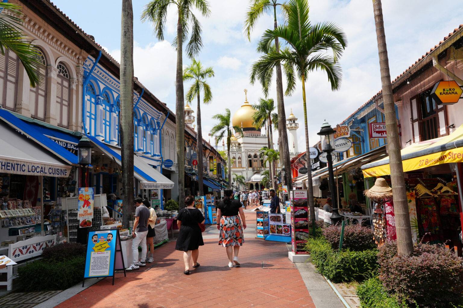 Fußgängerstraße mit historischen Häusern und Palmen in Kampong Glam, Singapur