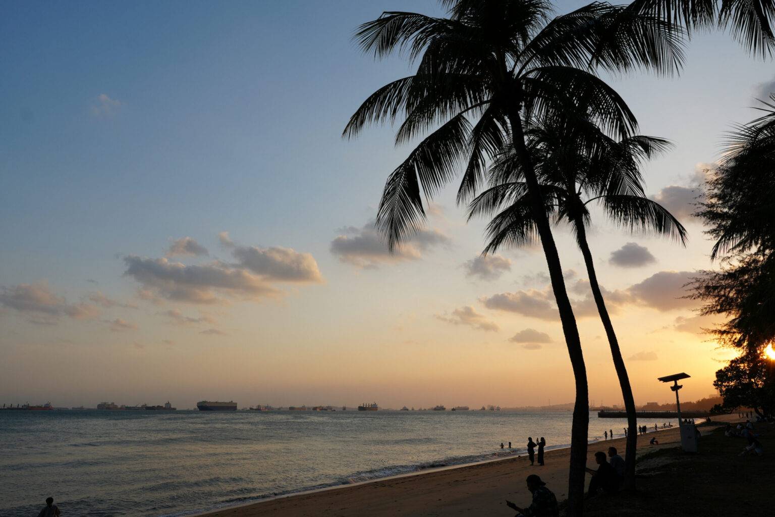 Tropische Küste mit Palmen und Meer im East Coast Park in Singapur.