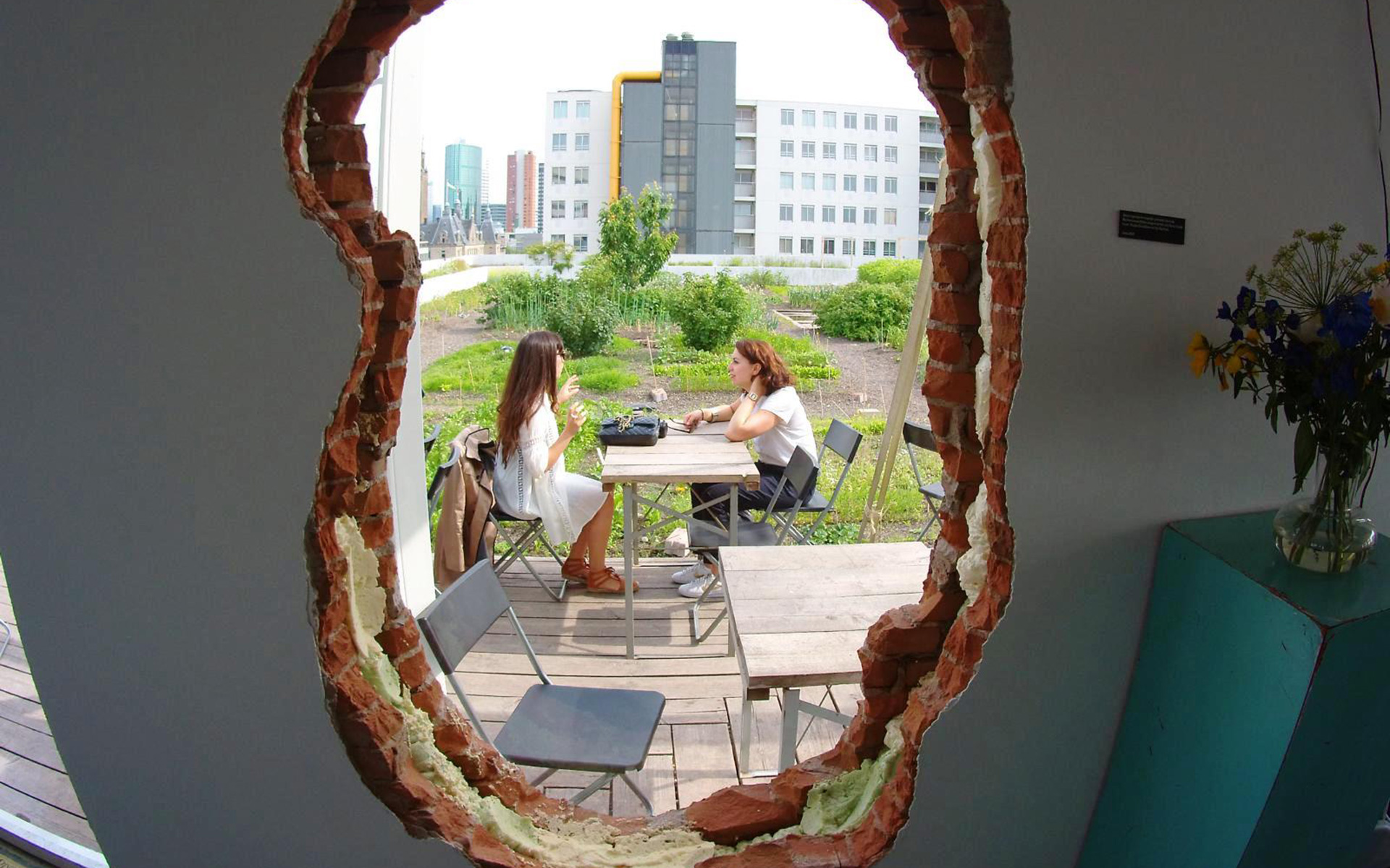 Durch ein Loch in der Wand können Gäste im Rotterdamer Dachterrassencafé Op het Dak von innen auf den Garten des Lokals schauen.