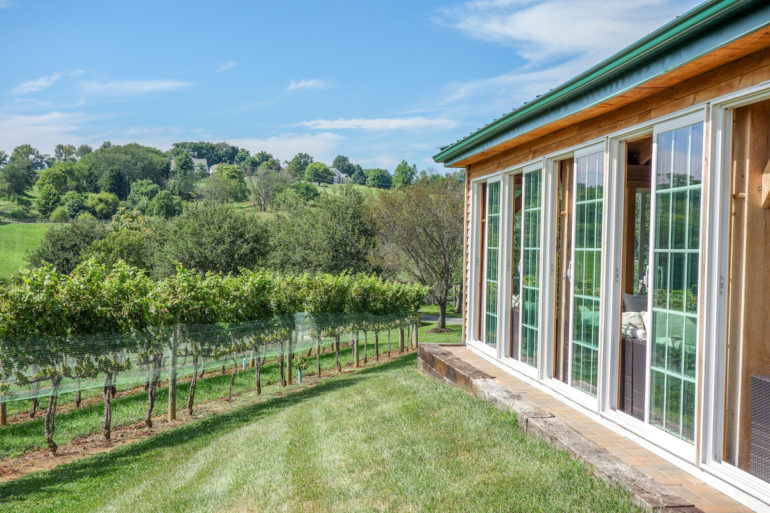 Die Terassentüren eines Holzhauses am Weinanbaugebiet von Virginias Loundoun sind zu dem Blick auf die Weinreben und Hügeln geöffnet.