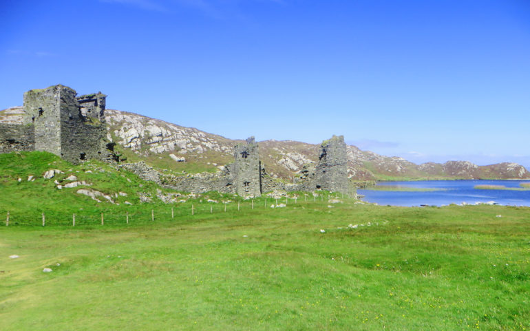 Auf einer Wiese mit Hügeln und Meer im Hintergrund steht die irische Ruine der Burg Three Castle Head.